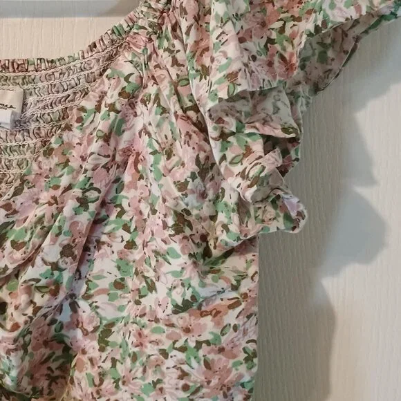 Japna Floral Boho Top Women L Flutter Sleeve Ruched V-Neck Blouse - Picture 7 of 9